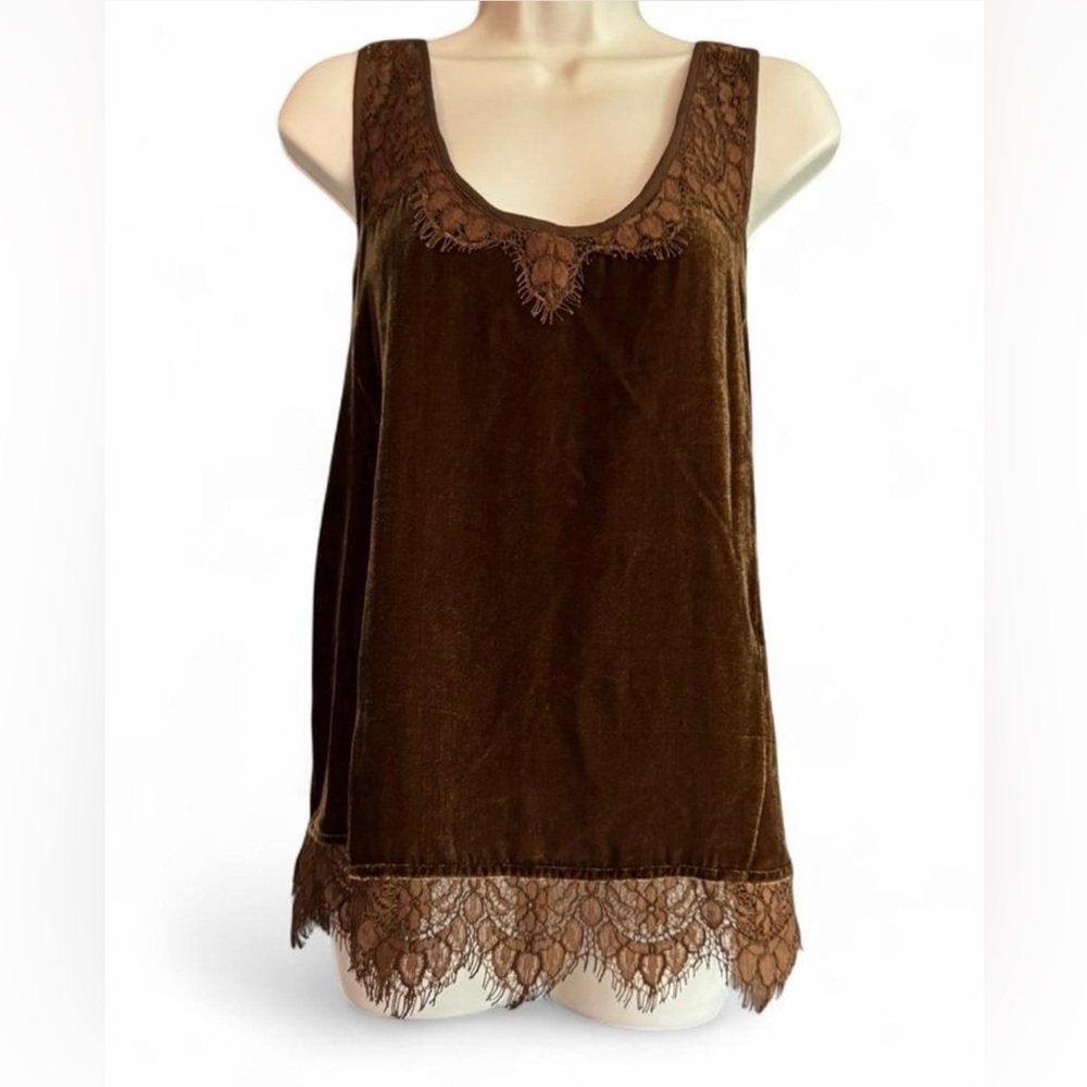 Wrap London Silk Blend Velvet Lace Tank Top Brown Boho Romantic Cami Medium
